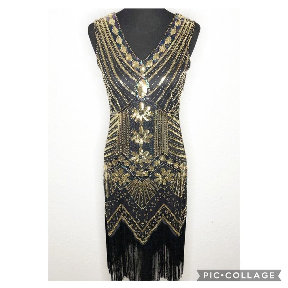 Vintage black gold sequin beaded fringe trim sleeveless midi dress size Small